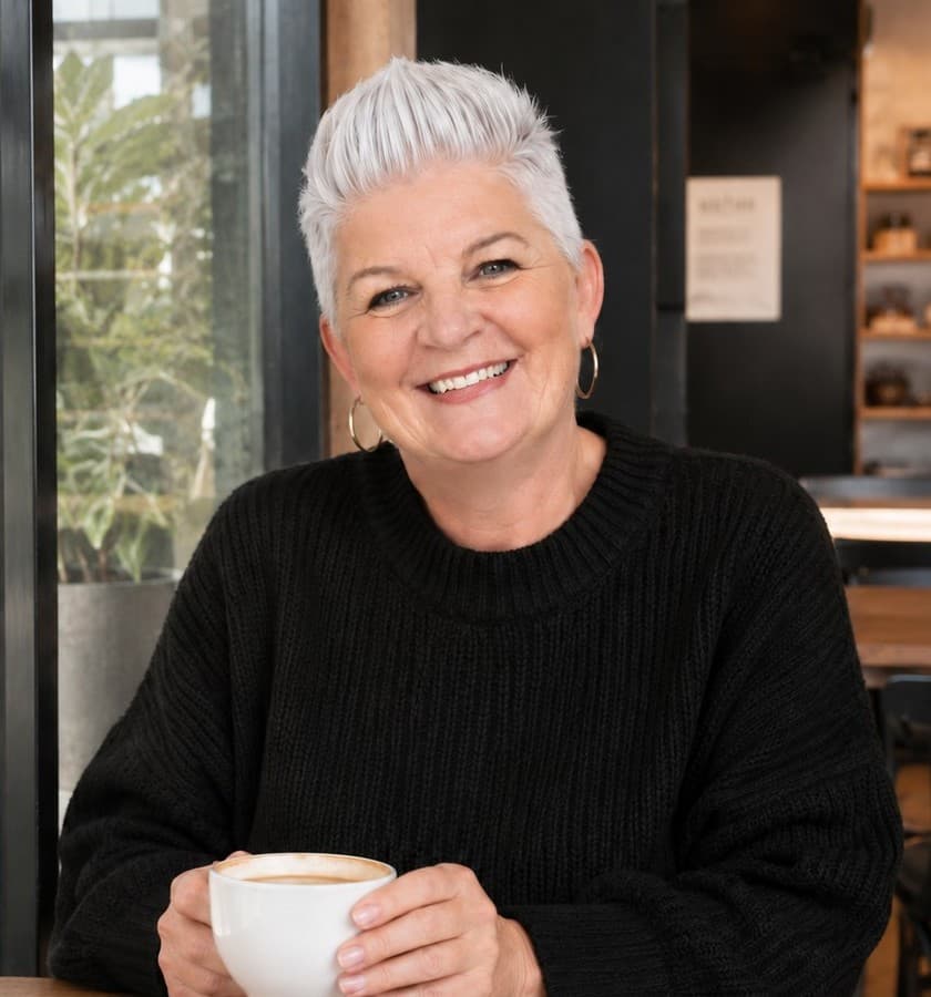 Angela M Carter, author of Released, smiling over a cup of coffee