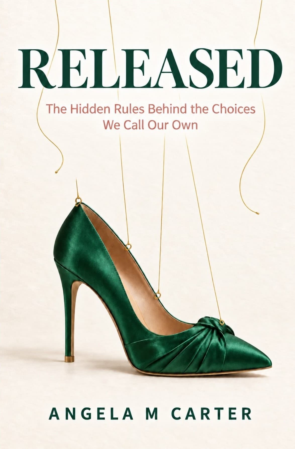 Released: The Hidden Rules Behind the Choices We Call Our Own, by Angela M Carter. An emerald satin shoe held by fine gold threads.